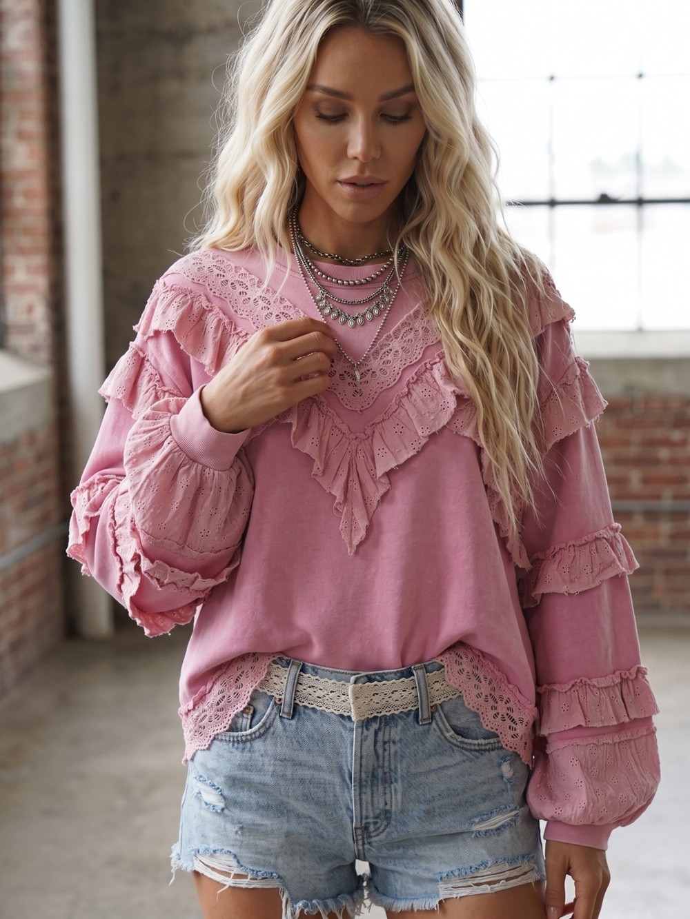NWT POL Ruffle Eyelet French Terry Boho Knit Top Sweatshirt Pink